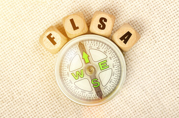 On the table is a compass and cubes with the inscription - FLSA