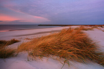 Wydmy na wybrzeżu Morza Bałtyckiego w promieniach zachodzącego słońca, Kołobrzeg, Polska.