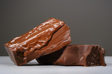 Dark chocolate stack and chocolate flow on a granite background. Chipped Dark Chocolate Pattern.  Composition of bars and pieces dark chocolate. Shallow depth of field.