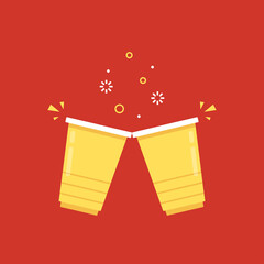 Yellow party cup isolated on red background, vector illustration. Yellow beer cup vector. Beer pong.