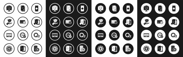 Fototapeta premium Set Online poker table game, Credit card, Hand holding deck of playing cards, Playing with spades, heart, Casino chips and slot machine lucky sevens jackpot icon. Vector