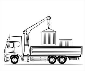 Flatbed truck with mounted crane lifting a box on tray isolated on white background. Dropside truck abstract silhouette. A hand drawn line art of a droptside truck car.Flat illustration view from side