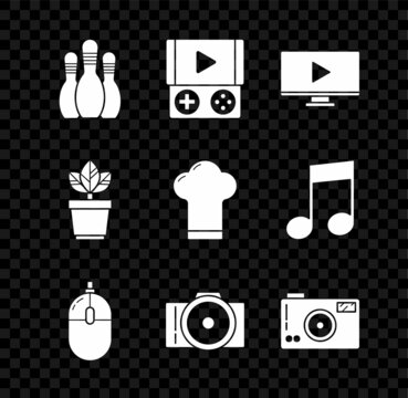 Set Bowling pin, Portable video game console, Online play, Computer mouse, Photo camera, Flowers pot and Chef hat icon. Vector