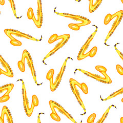Fototapeta premium Seamless pattern with yellow saxophones on a white background. Wind musical instrument. Watercolor illustration. For the design of postcards, textiles.