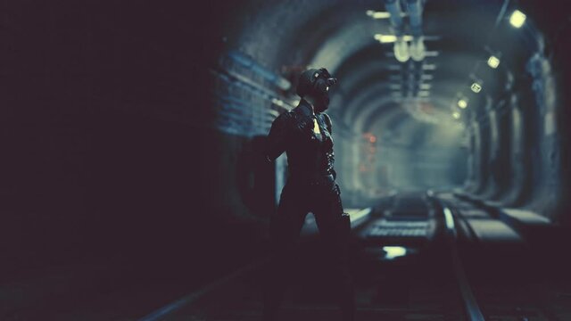 Post-apocalyptic woman in subway tonnel