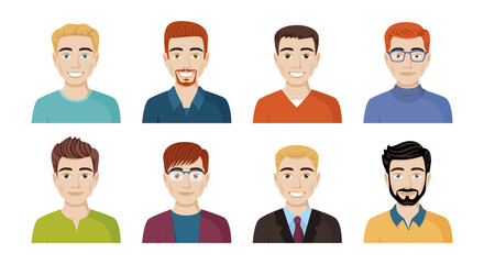 A set of avatars of happy people of different appearance, hairstyles. Portraits of men. Vector illustration in cartoon style