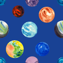 A set of watercolor abstract planets and 