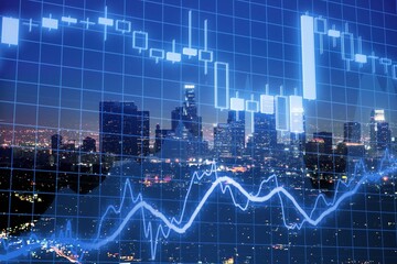 Smart city concept with growing digital graphs and diagram at abstract night city background.