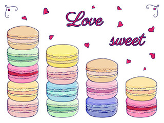 Set of colorful macarons with names of fillings. Delicious dessert food. Isolated vector illustration on white background. Outline frehand drawn. Template for flyers, recipes , greeting cards, posters