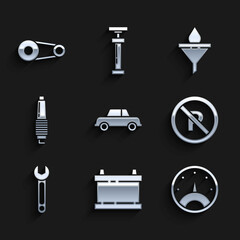 Set Car, battery, Speedometer, No Parking or stopping, Wrench, spark plug, Funnel filter and motor oil drop and Timing belt kit icon. Vector