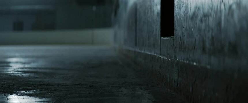 CU on skates, unrecognizable players entering ice rink before training. Shot on RED cinema camera with 2x anamorphic lens