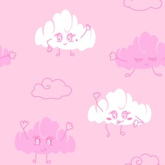 Fototapeta na wymiar Pink clouds pattern. Seamless cartoon clouds pattern for animation. Cheerful clouds with cute faces.