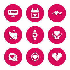Set Heart in the center wrist watch, of darts target aim, Broken heart or divorce, on hand, speech bubble, Amour with arrow and Speech text love icon. Vector