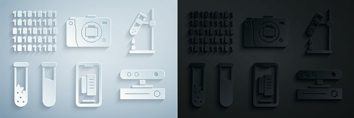 Set Smartphone, mobile phone, Test tube flask fire, and, Motion sensor, Mirrorless camera and Binary code icon. Vector