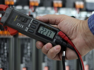 Voltage measurement using a multimeter in an electrical panel.