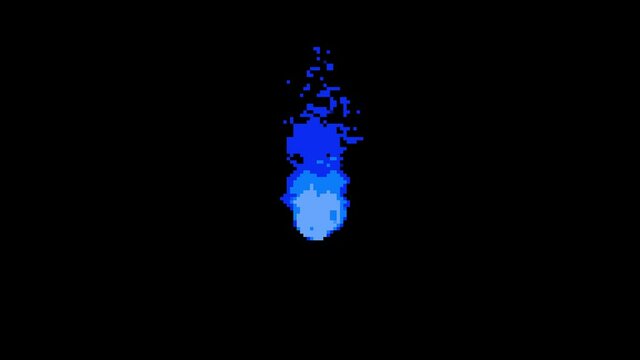 Pixel blue fire animation on a black background. 8 bit retro game, old school computer graphic style.