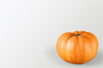 Mini decorative white orange pumpkin on background. Halloween and Thanksgiving greeting card