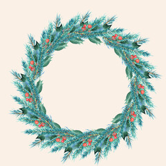 Fototapeta na wymiar a wreath of spruce branches and red juicy holly berries. merry christmas and happy new year greetings