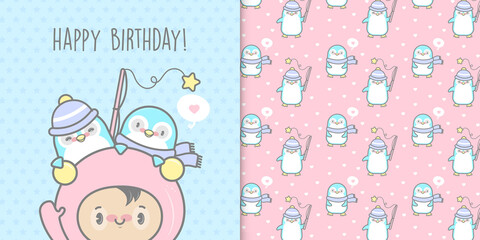 Birthday card with penguins and seamless pattern