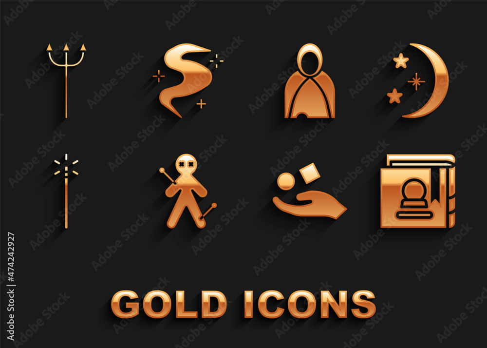 Sticker Set Voodoo doll, Moon and stars, Ancient magic book, Cube levitating above hand, Magic wand, Mantle, cloak, cape, Neptune Trident and fog or smoke icon. Vector