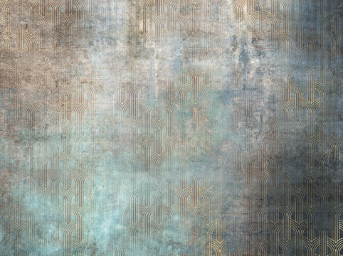 Grunge photo wallpaper with golden abstract elements on concrete background. Illustration for wallpaper, fresco, mural. © obscur_a