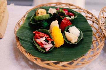 Colorful flat lay photo wedding ceremony, traditional food from java Indonesia