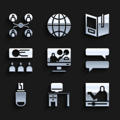 Set Online education, Computer monitor and desk, Speech bubble chat, USB flash drive, Training, presentation, Open book and class icon. Vector