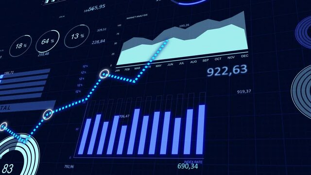 Business graphs and financial charts with blue color background. Stock market growing chart with sale indexes of the bonds and analysis information of economic trends. Annual report 3d animation.
