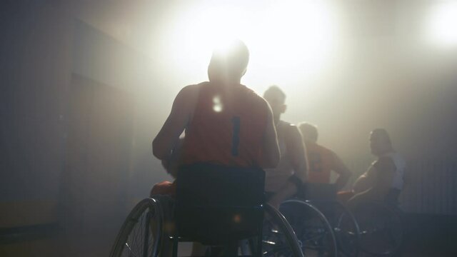 Wheelchair Basketball Court: Player Dribbling Ball, Shooting Missing the Basket, Sad and Disappointed. Determination, Inspiration, Motivation of Person with Disability who Never Gives up