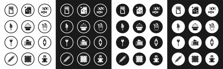 Set Candy, Cupcake, Ice cream, Chocolate bar, in bowl, packaging for sweets, and Lollipop icon. Vector