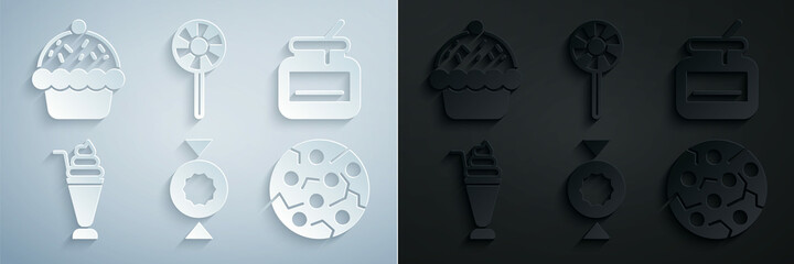 Set Candy, Jar of honey, Milkshake, Cookie or biscuit, Lollipop and Cupcake icon. Vector