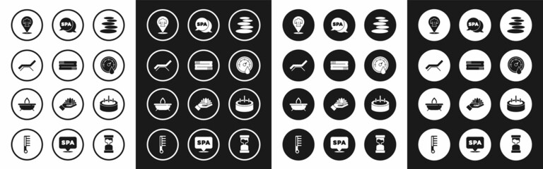 Set Stack hot stones, Towel stack, Sunbed and umbrella, Massage, Sauna thermometer, Spa salon, Swimming pool with ladder and Aroma candle icon. Vector
