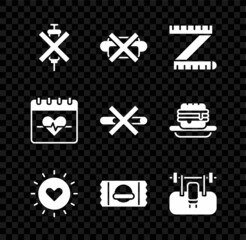Set No doping syringe, junk food, Tape measure, Sun, Sports nutrition, Bench with barbel, Heart rate and Smoking icon. Vector