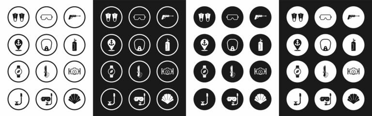 Set Fishing harpoon, Diving mask, Location with anchor, Rubber flippers, Aqualung, Photo camera and Compass icon. Vector