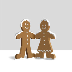 Happy Gingerbread couple in snow. Christmas traditional cookie.