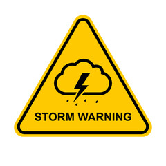 Storm warning. Yellow warning sign of the storm. Storm ahead. Bad weather, hurricane, thunderstorm, storm, squall wind. Vector illustration. - obrazy, fototapety, plakaty