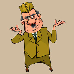 cartoon serious man in military uniform thinking gesturing with his hands