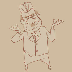 sketch of a cartoon serious man in a suit with a garrison cap gesturing with his hands
