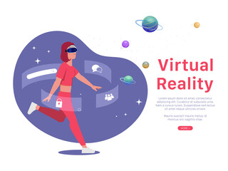 Virtual reality concept with woman wearing a virtual reality eyes glasses - landing page