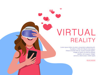 Virtual reality concept with woman wearing a virtual reality eyes glasses - landing page