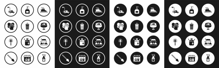 Set Electric iron, Trash can, Cleaning service, Lawn mower, Stain the tablecloth, Bottle of liquid soap, Home cleaning and Toilet brush icon. Vector