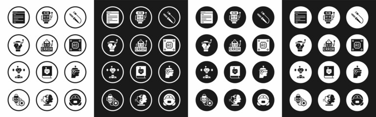 Set Soldering iron, Error robot, Smart glasses, Computer api interface, Processor with microcircuits CPU, Robot low battery charge, and Disassembled icon. Vector
