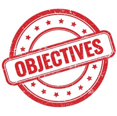 OBJECTIVES text on red grungy round rubber stamp.