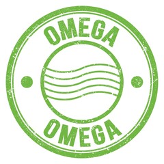 OMEGA text written on green round postal stamp sign