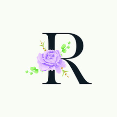 Beautiful R alphabet with Floral logo decoration template. Luxury font with green leaves emblem botanical vector illustration.