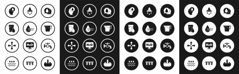 Fototapeta premium Set Water drop, Recycle clean aqua, Glass with water, Jug glass, tap and icon. Vector