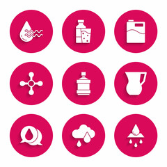 Set Big bottle with clean water, Cloud rain, Recycle aqua, Jug glass, Water drop, tap, and icon. Vector