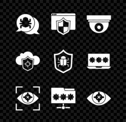 Set System bug, Browser with shield, Security camera, Eye scan, Folder password, Cloud and and icon. Vector