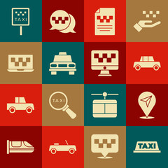 Set Taxi car roof, Location, Car, driver license, Laptop call taxi service, Road sign for stand and Computer icon. Vector