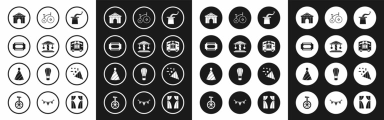 Set Magician hat, Attraction carousel, Circus ticket, tent, wagon, Vintage bicycle, Festive confetti and Party icon. Vector © Oksana
